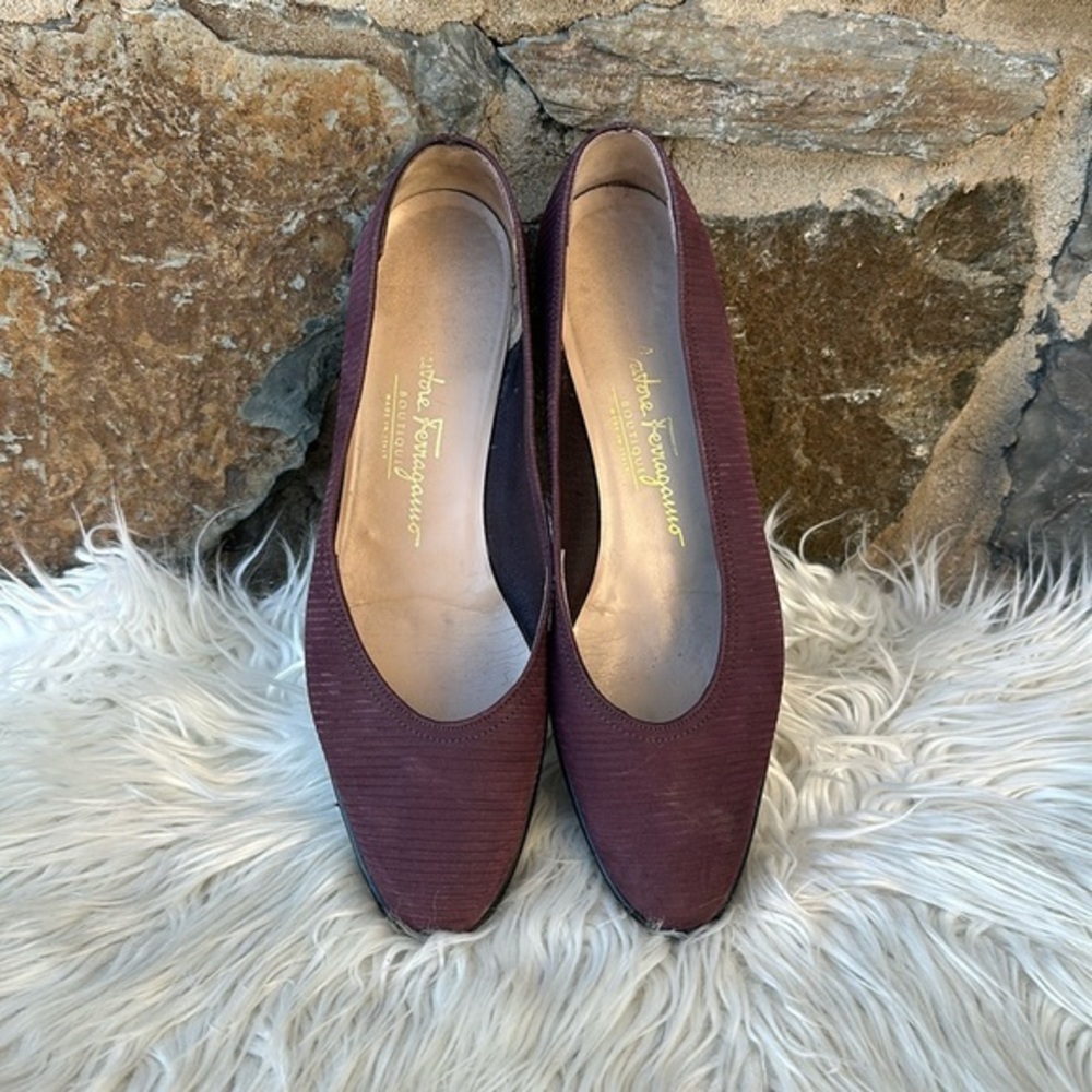 Salvatore Ferragamo Burgundy Ribbed Fabric Pumps